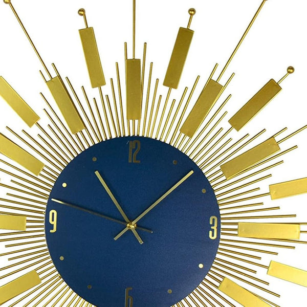 HomeRoots 27" Elegant Gold and Blue Metal Sunburst Wall Clock with Silent Movement – Perfect for Any Space! 626541
