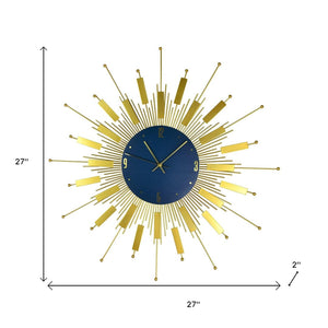 HomeRoots 27" Elegant Gold and Blue Metal Sunburst Wall Clock with Silent Movement – Perfect for Any Space! 626541