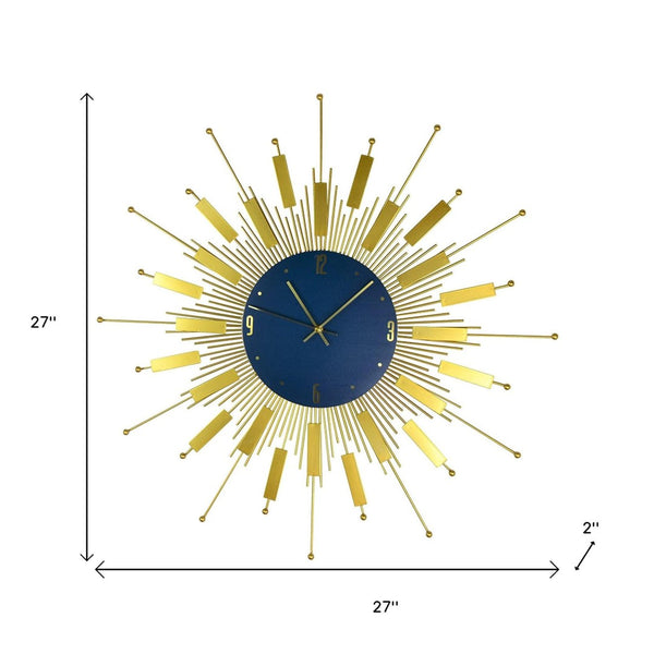 HomeRoots 27" Elegant Gold and Blue Metal Sunburst Wall Clock with Silent Movement – Perfect for Any Space! 626541