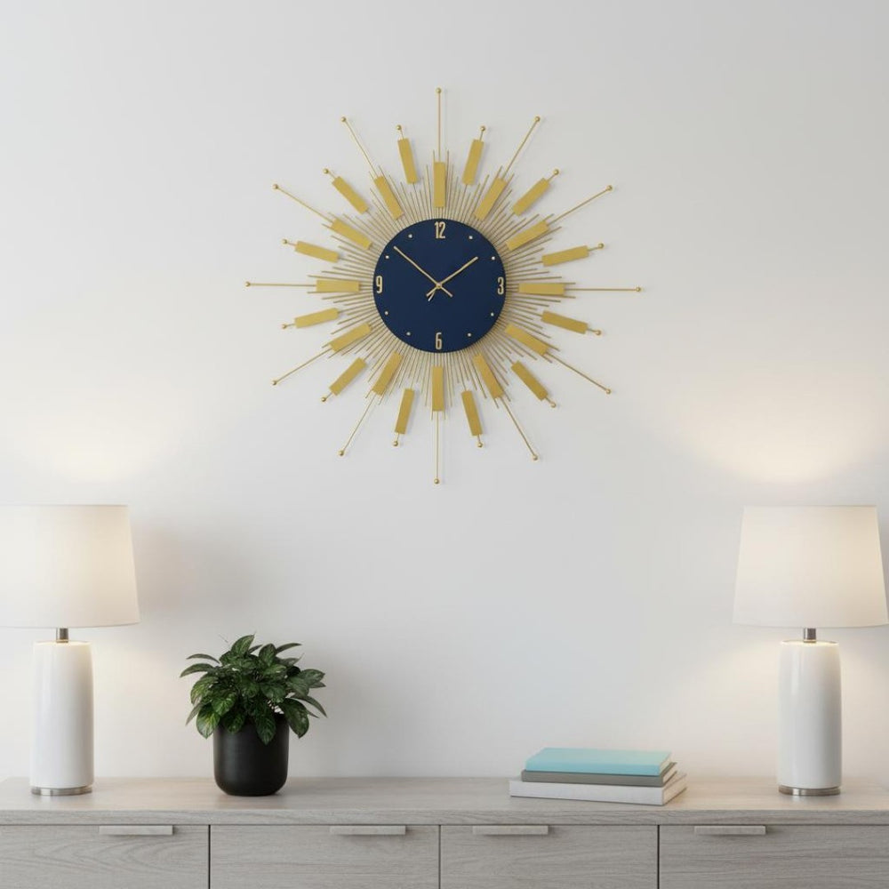 HomeRoots 27" Elegant Gold and Blue Metal Sunburst Wall Clock with Silent Movement – Perfect for Any Space! 626541