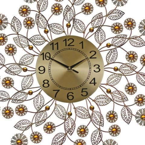 Homeroots 27" Elegant Gold And Black Metal Floral Wall Clock With Faux Crystal - Silent Analog Decor Piece   626544