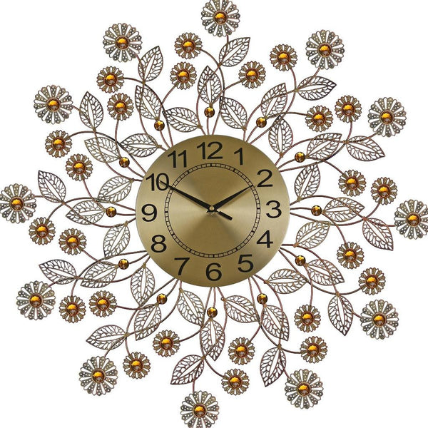 Homeroots 27" Elegant Gold And Black Metal Floral Wall Clock With Faux Crystal - Silent Analog Decor Piece   626544