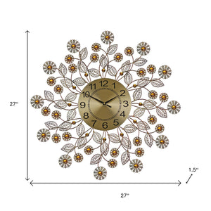 Homeroots 27" Elegant Gold And Black Metal Floral Wall Clock With Faux Crystal - Silent Analog Decor Piece   626544