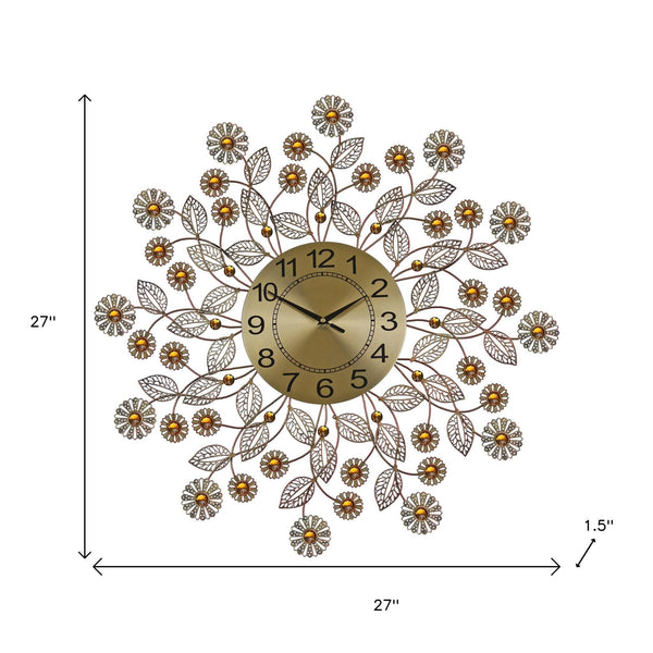 Homeroots 27" Elegant Gold And Black Metal Floral Wall Clock With Faux Crystal - Silent Analog Decor Piece   626544