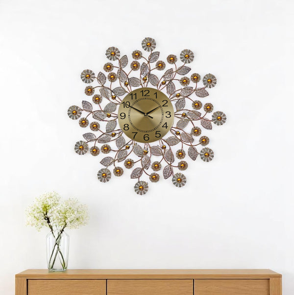 Homeroots 27" Elegant Gold And Black Metal Floral Wall Clock With Faux Crystal - Silent Analog Decor Piece   626544