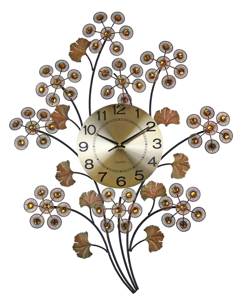 HomeRoots 22" Copper Metal Wall Clock with Faux Crystal Flowers - Silent Sweep Movement for Elegant Décor 626545