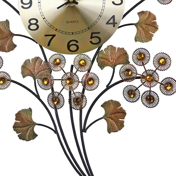 Homeroots 22" Copper Metal & Faux Crystal Silent Analog Clock - Elegant Gingko Floral Design For Home Decor   626545