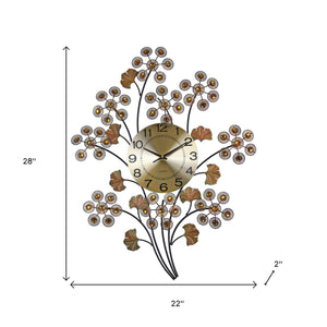 Homeroots 22" Copper Metal & Faux Crystal Silent Analog Clock - Elegant Gingko Floral Design For Home Decor   626545