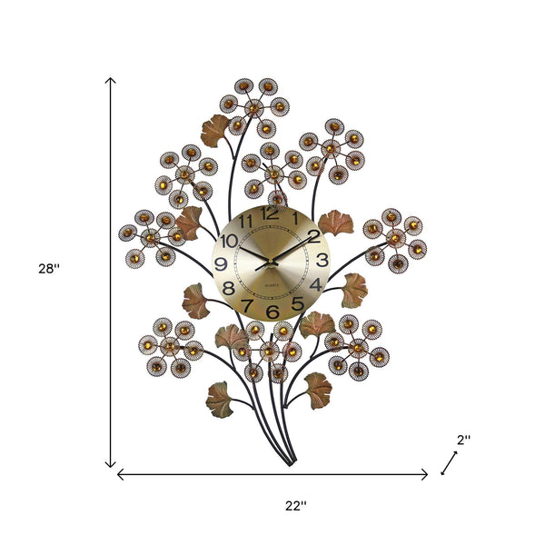 Homeroots 22" Copper Metal & Faux Crystal Silent Analog Clock - Elegant Gingko Floral Design For Home Decor   626545
