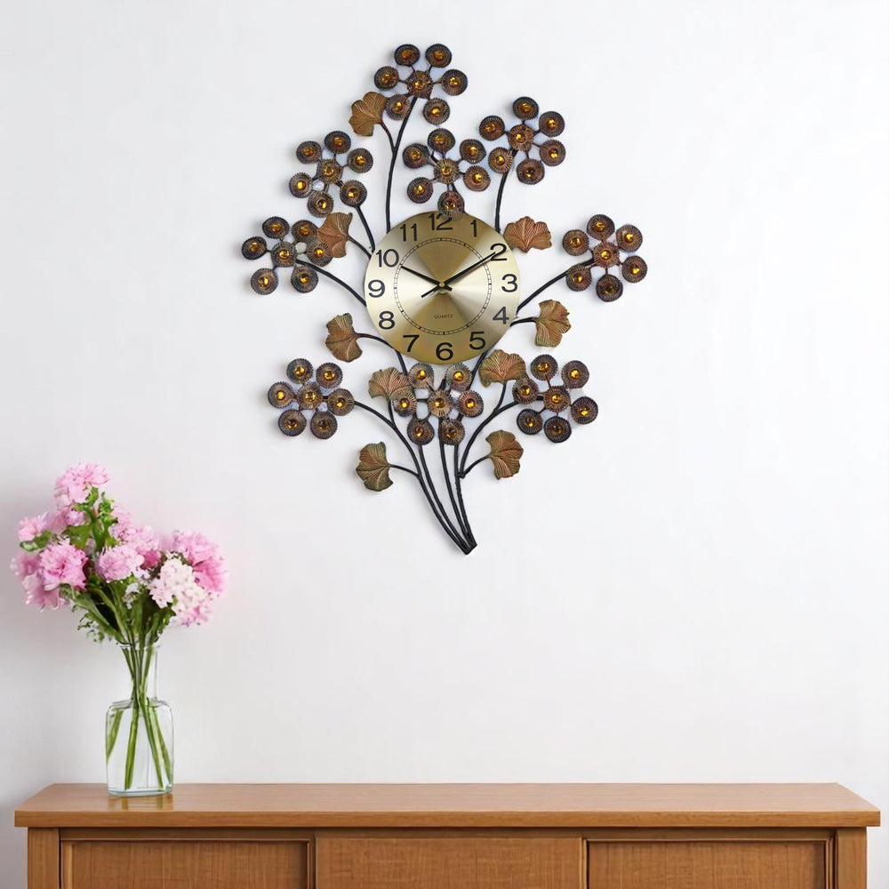 Homeroots 22" Copper Metal & Faux Crystal Silent Analog Clock - Elegant Gingko Floral Design For Home Decor   626545