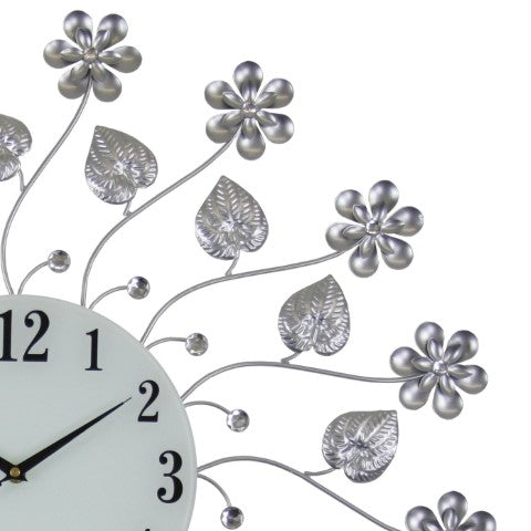 Homeroots 27" Elegant Floral Round Wall Clock In Silver, Black & White - Silent Analog Design For Timeless Style   626547