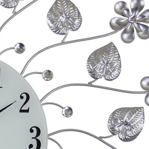 Homeroots 27" Elegant Floral Round Wall Clock In Silver, Black & White - Silent Analog Design For Timeless Style   626547