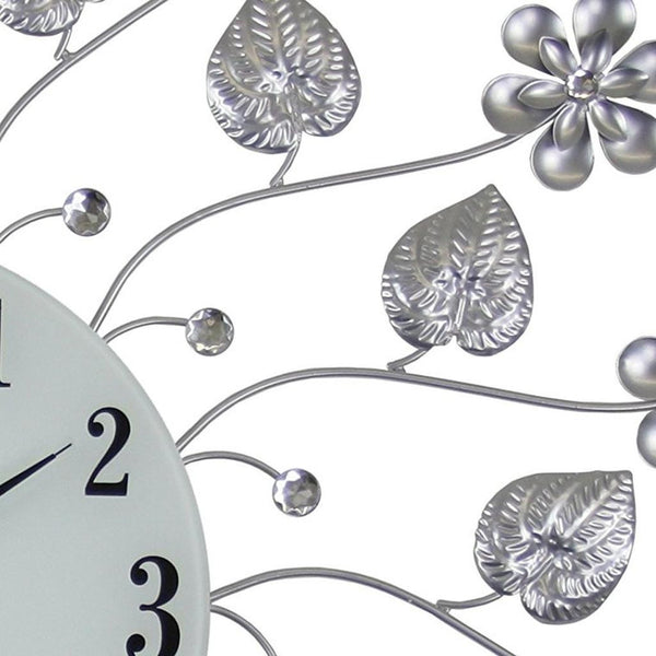 Homeroots 27" Elegant Floral Round Wall Clock In Silver, Black & White - Silent Analog Design For Timeless Style   626547