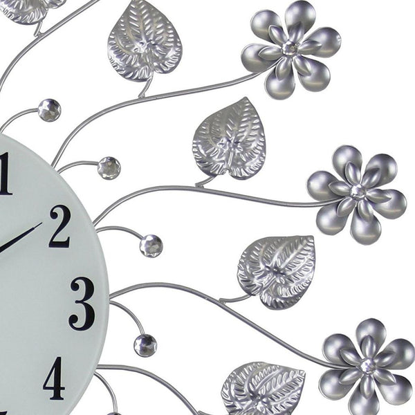 Homeroots 27" Elegant Floral Round Wall Clock In Silver, Black & White - Silent Analog Design For Timeless Style   626547