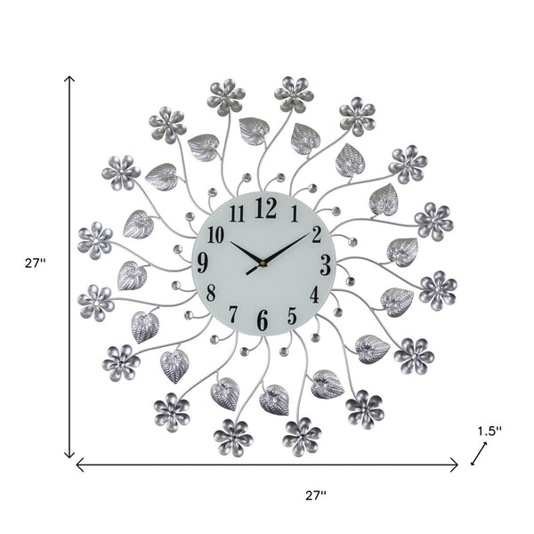 Homeroots 27" Elegant Floral Round Wall Clock In Silver, Black & White - Silent Analog Design For Timeless Style   626547