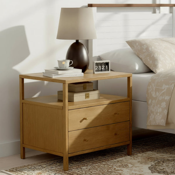Butler Specialty Butler Mendel 28" Wide Wood Nightstand with 2 Soft-Close Drawers & Open Shelf, Light Oak Finish 6265492