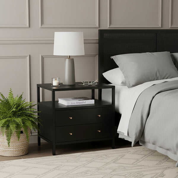 Butler Specialty Butler Mendel Nightstand in Black Finish with Two Soft-Close Drawers and Open Shelf for Organized Style 28"W x 18.5"D x 26.5"H 6265515