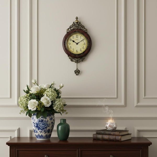 HomeRoots 15" Brown And Gold Resin Silent Pendulum Oval Wall Clock - Elegant Home Decor, Timeless Style! 626555