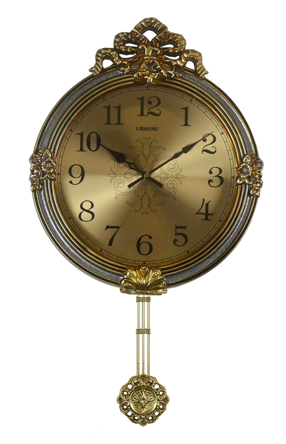 HomeRoots 15" Gold & Silver Ornate Wall Clock with Silent Pendulum - Elegant Design for Home Decor & Timeliness 626560