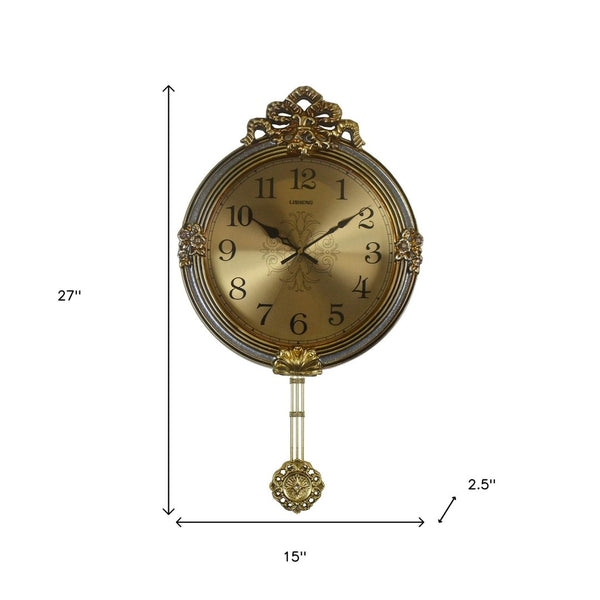 HomeRoots 15" Gold & Silver Ornate Wall Clock with Silent Pendulum - Elegant Design for Home Decor & Timeliness 626560