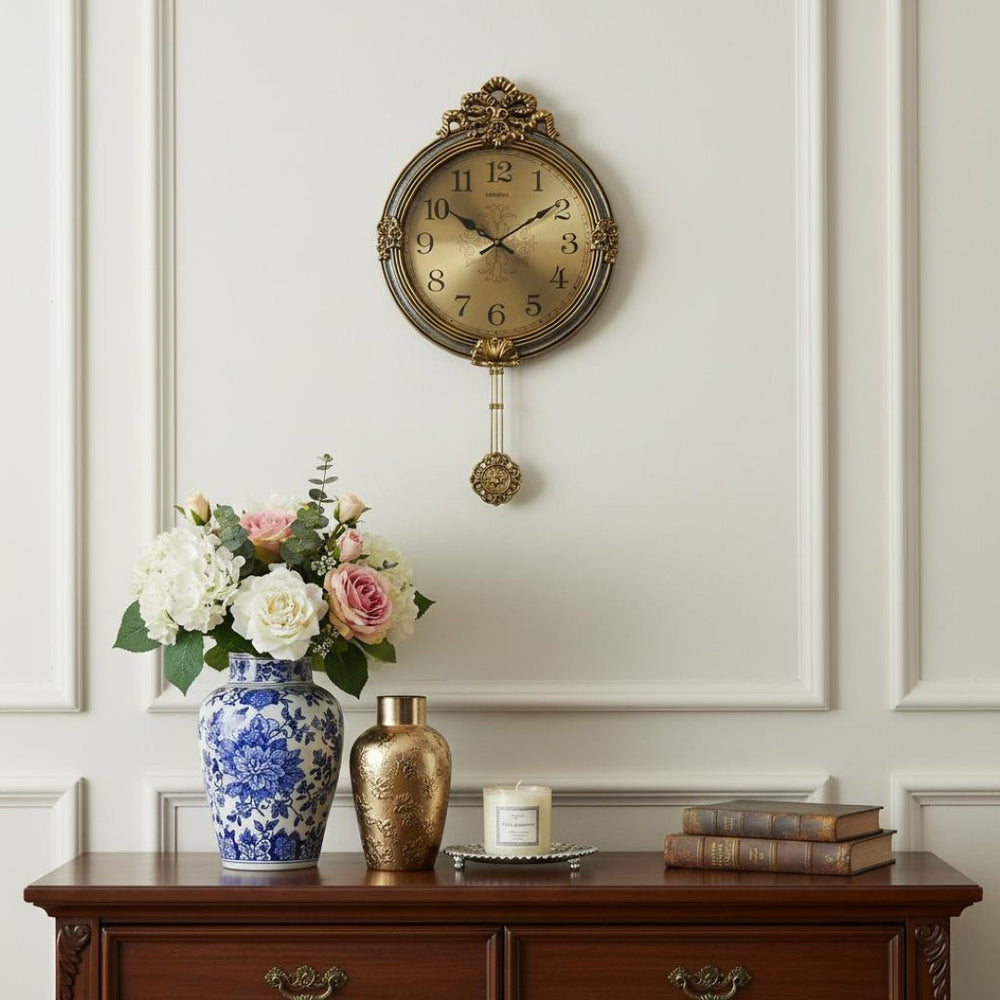 HomeRoots 15" Gold & Silver Ornate Wall Clock with Silent Pendulum - Elegant Design for Home Decor & Timeliness 626560