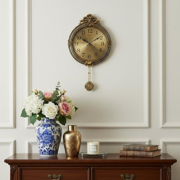 HomeRoots 15" Gold & Silver Ornate Wall Clock with Silent Pendulum - Elegant Design for Home Decor & Timeliness 626560