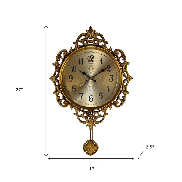 HomeRoots 17" Gold and Black Ornate Silent Pendulum Wall Clock - Timeless Elegance for Any Room Decor 626564