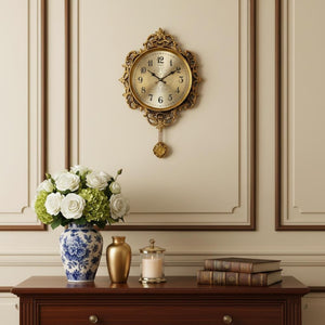 HomeRoots 17" Gold and Black Ornate Silent Pendulum Wall Clock - Timeless Elegance for Any Room Decor 626564