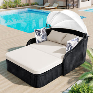 HomeRoots 48" Black Rattan Patio Daybed with Adjustable Canopy, Plush Cushions & 2 Toss Pillows for Comfort 626565