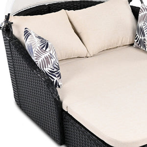 HomeRoots 48" Black Rattan Patio Daybed with Adjustable Canopy, Plush Cushions & 2 Toss Pillows for Comfort 626565