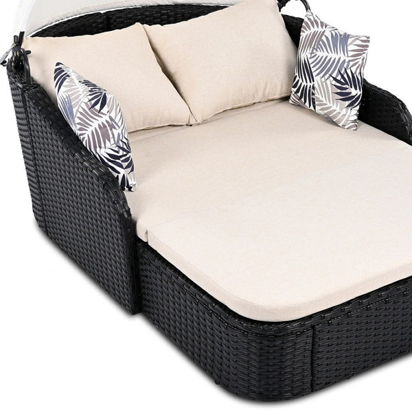 HomeRoots 48" Black Rattan Patio Daybed with Adjustable Canopy, Plush Cushions & 2 Toss Pillows for Comfort 626565