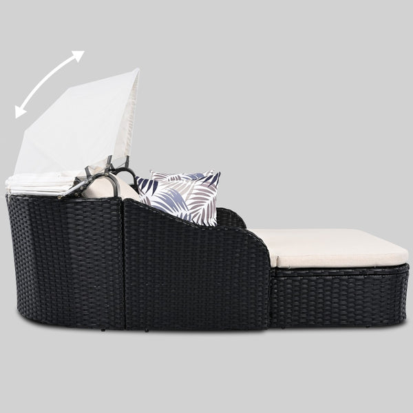 HomeRoots 48" Black Rattan Patio Daybed with Adjustable Canopy, Plush Cushions & 2 Toss Pillows for Comfort 626565