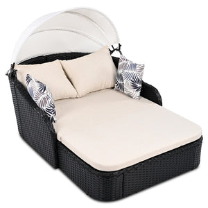 HomeRoots 48" Black Rattan Patio Daybed with Adjustable Canopy, Plush Cushions & 2 Toss Pillows for Comfort 626565