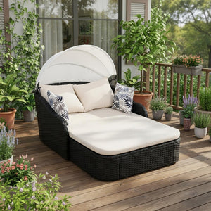 HomeRoots 48" Black Rattan Patio Daybed with Adjustable Canopy, Plush Cushions & 2 Toss Pillows for Comfort 626565