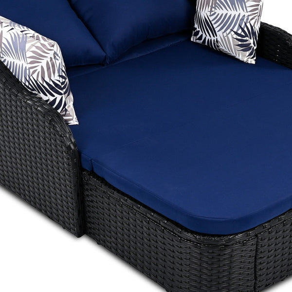 HomeRoots 48" Blue Rattan Patio Daybed with Adjustable Canopy, Removable Cushions, and Decorative Toss Pillows 626566