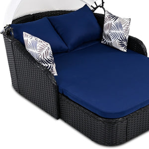 HomeRoots 48" Blue Rattan Patio Daybed with Adjustable Canopy, Removable Cushions, and Decorative Toss Pillows 626566