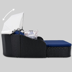HomeRoots 48" Blue Rattan Patio Daybed with Adjustable Canopy, Removable Cushions, and Decorative Toss Pillows 626566