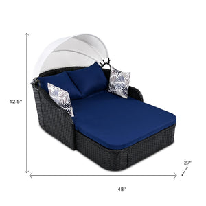 HomeRoots 48" Blue Rattan Patio Daybed with Adjustable Canopy, Removable Cushions, and Decorative Toss Pillows 626566