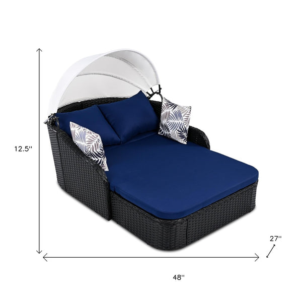 HomeRoots 48" Blue Rattan Patio Daybed with Adjustable Canopy, Removable Cushions, and Decorative Toss Pillows 626566