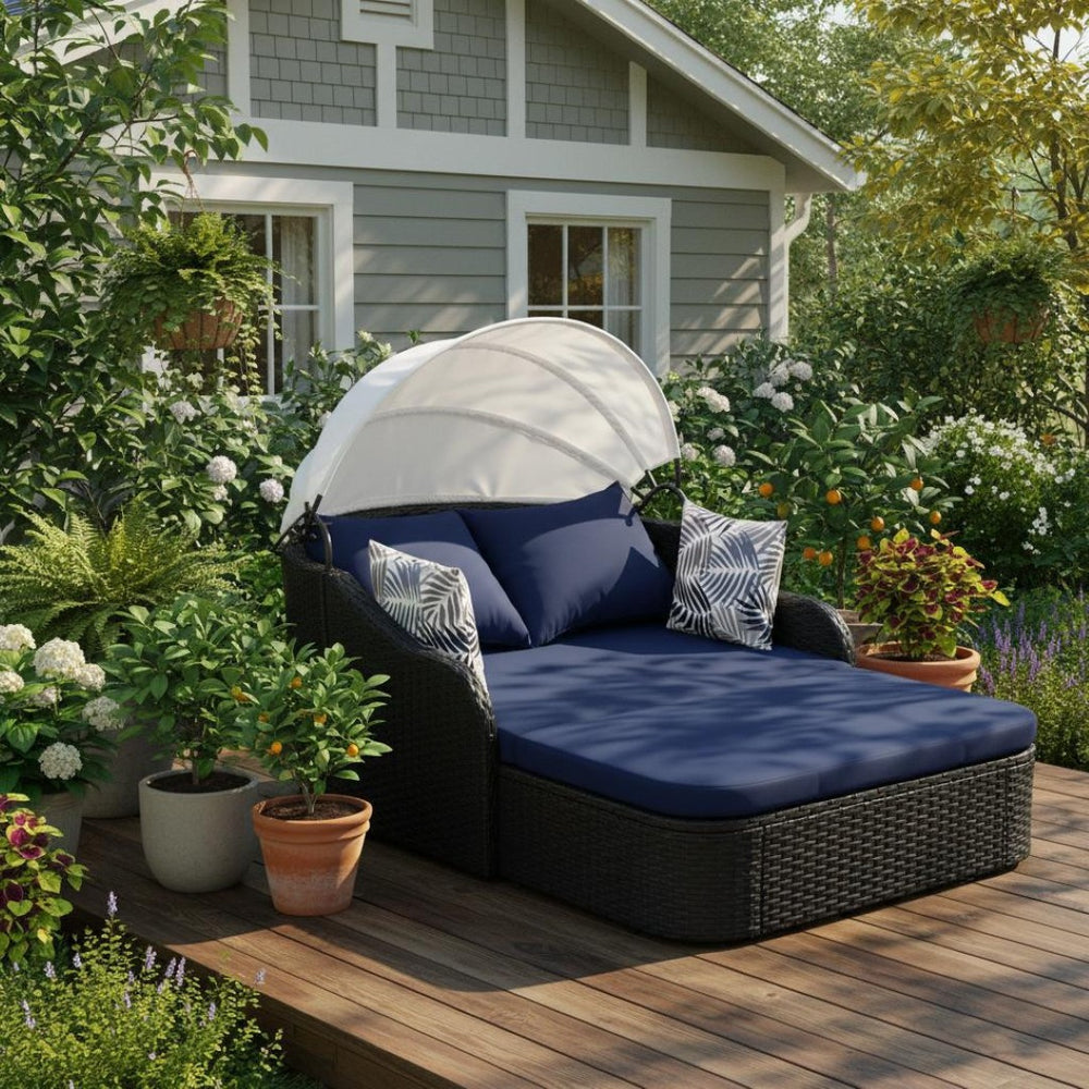 HomeRoots 48" Blue Rattan Patio Daybed with Adjustable Canopy, Removable Cushions, and Decorative Toss Pillows 626566