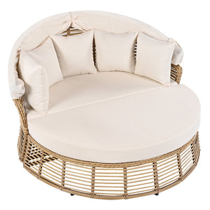 HomeRoots 51" Beige Wicker Patio Daybed with Adjustable Canopy, Cushions & Toss Pillows for Outdoor Relaxation 626567