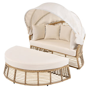 HomeRoots 51" Beige Wicker Patio Daybed with Adjustable Canopy, Cushions & Toss Pillows for Outdoor Relaxation 626567