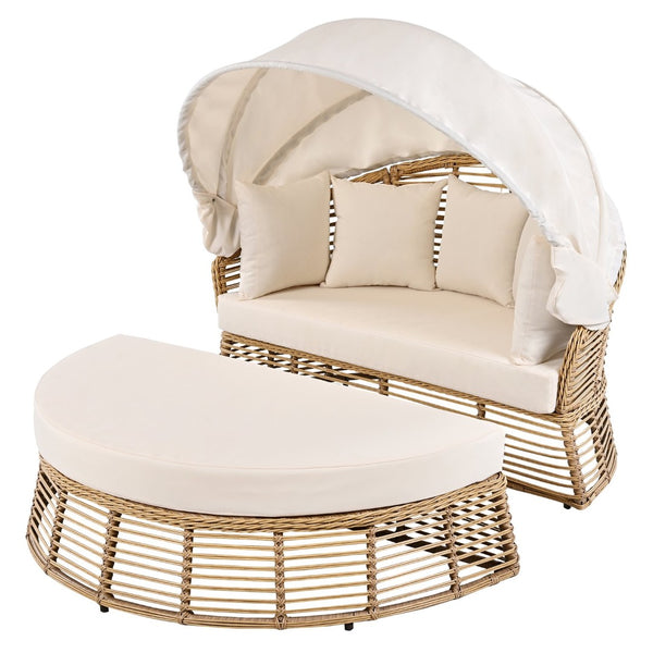 HomeRoots 51" Beige Wicker Patio Daybed with Adjustable Canopy, Cushions & Toss Pillows for Outdoor Relaxation 626567