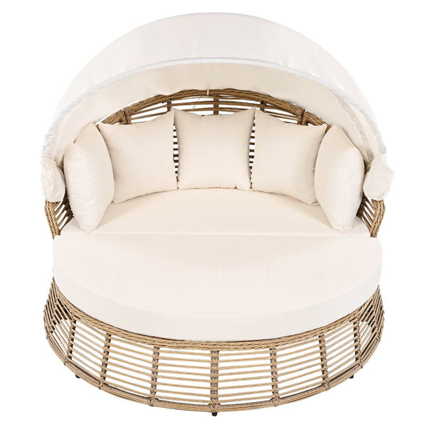 HomeRoots 51" Beige Wicker Patio Daybed with Adjustable Canopy, Cushions & Toss Pillows for Outdoor Relaxation 626567