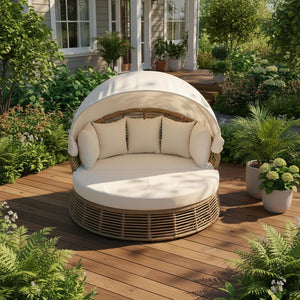 HomeRoots 51" Beige Wicker Patio Daybed with Adjustable Canopy, Cushions & Toss Pillows for Outdoor Relaxation 626567