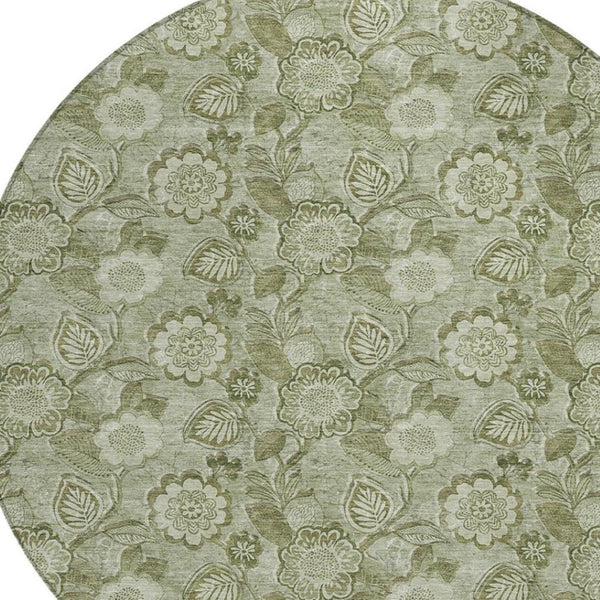 HomeRoots 5' Timeless Floral Area Rug in Artichoke and Fern Green - Durable, Washable for Indoor & Outdoor Use 8' Round 626584