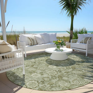 HomeRoots 5' Timeless Floral Area Rug in Artichoke and Fern Green - Durable, Washable for Indoor & Outdoor Use 8' Round 626584