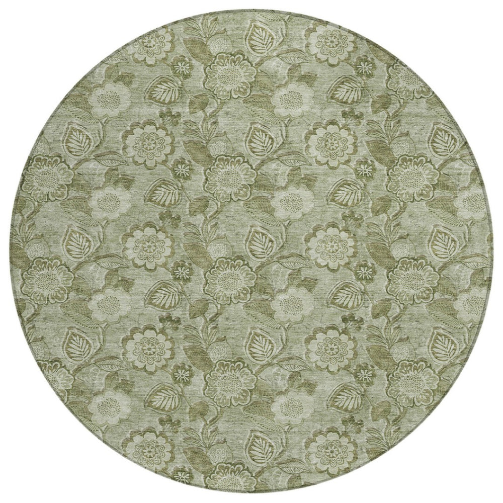 HomeRoots 5' Timeless Floral Area Rug in Artichoke and Fern Green - Durable, Washable for Indoor & Outdoor Use 8' Round 626584