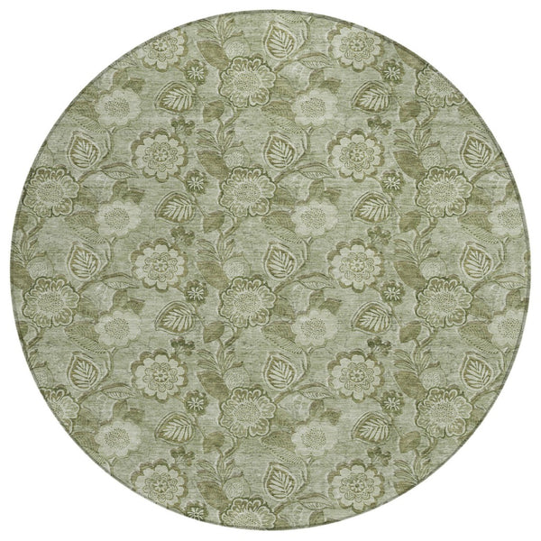 HomeRoots 5' Timeless Floral Area Rug in Artichoke and Fern Green - Durable, Washable for Indoor & Outdoor Use 8' Round 626584