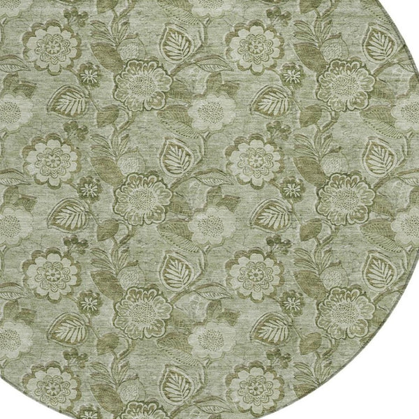 HomeRoots 5' Timeless Floral Area Rug in Artichoke and Fern Green - Durable, Washable for Indoor & Outdoor Use 8' Round 626584